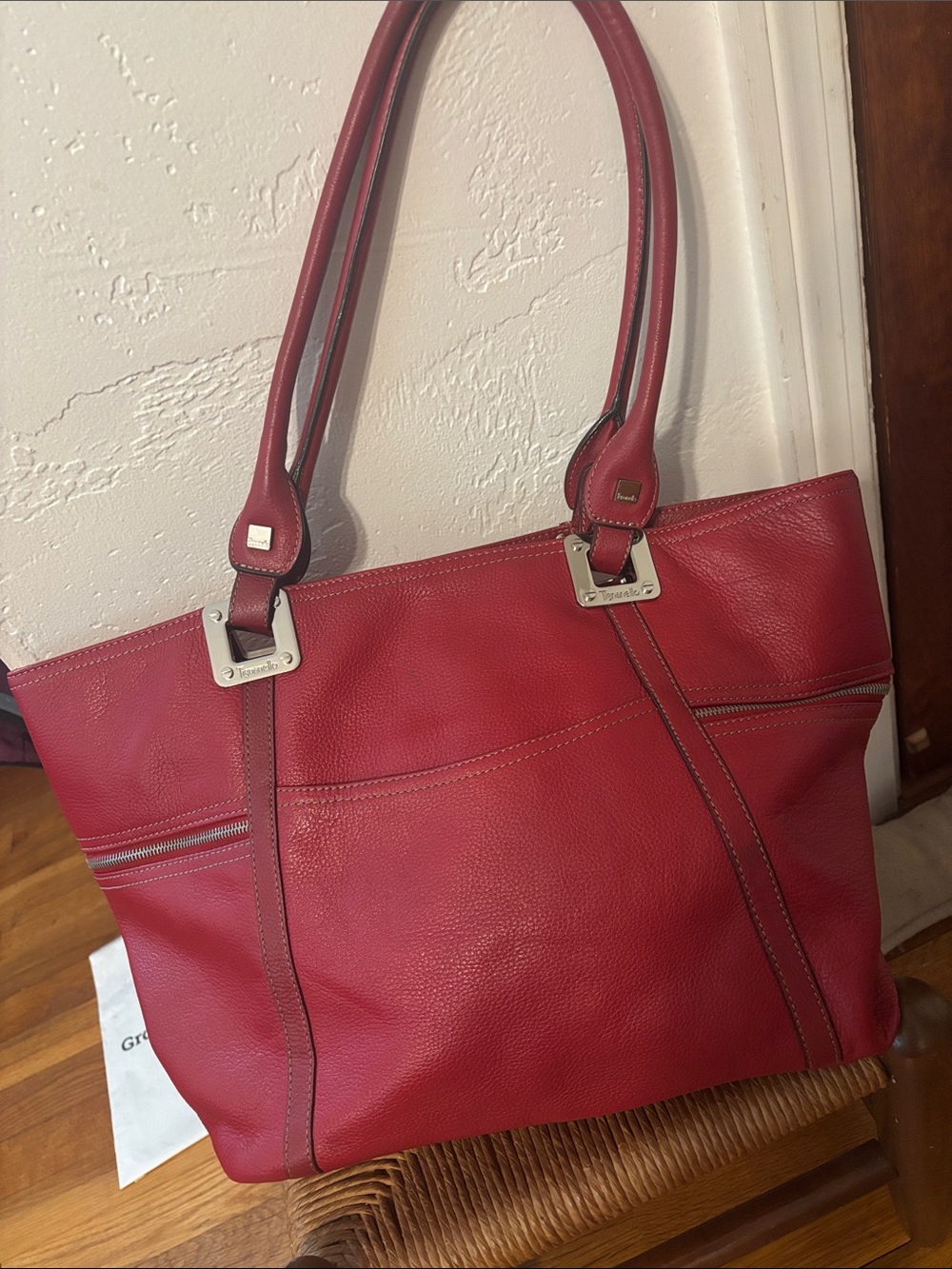 Tignanello Large Red Leather Top-Handle Tote Bag Purse